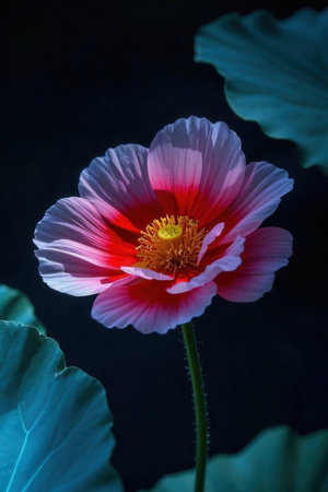 red and white poppy flower on dark background, closeup of photoの素材
