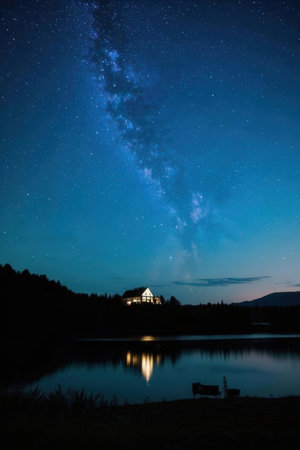 Milky Way over the lake at night. Starry sky with stars and milky way.の素材