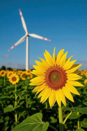 Sunflower field with windmill in the background. Alternative energy sourceの素材
