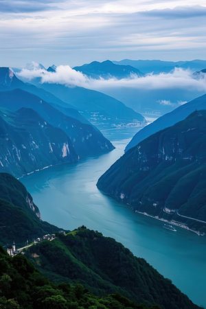 Mountain landscape with lake and foggy mountains in the background.の素材