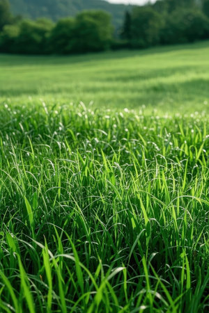 Green grass closeup in sunny day. Natural background with copy space.の素材