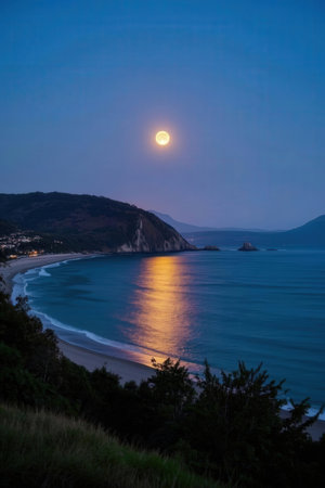 Full moon over the sea and the beach of San Sebastian, Spainの素材