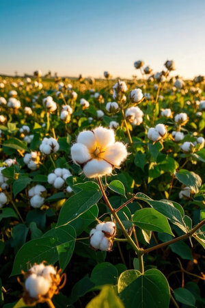 Cotton plant in the field at sunset. Cotton flower field.の素材