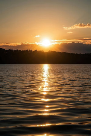 Beautiful sunset over the lake. Sunset on the lake. The sun is reflected in the water.の素材
