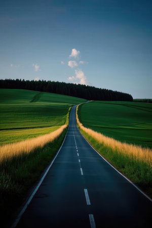 Road through the fields at sunset in Bavaria, Germany, Europeの素材
