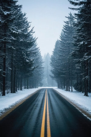 Winter road in the pine forest. Winter landscape with snow covered treesの素材