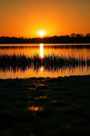 Sunset on the lake with reeds. Beautiful summer landscape.の素材