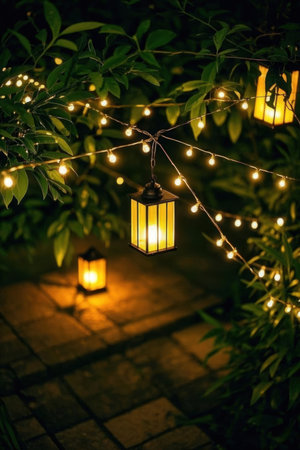 Lanterns in the garden at night. Lighting decor.の素材