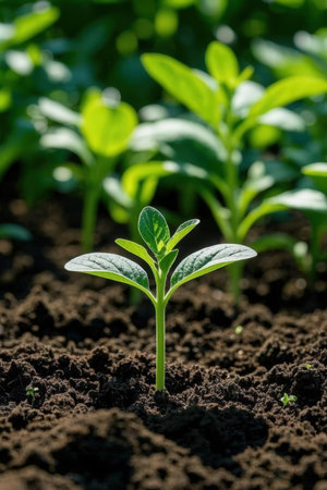 Young seedlings of pepper in the ground. Close-up.の素材