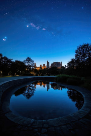 Central Park in New York City at night with reflection in water.の素材