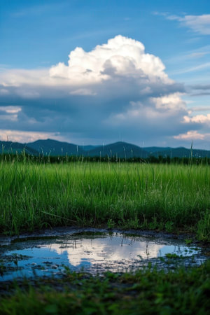Paddy field with blue sky and clouds in the countryside, Thailand.の素材