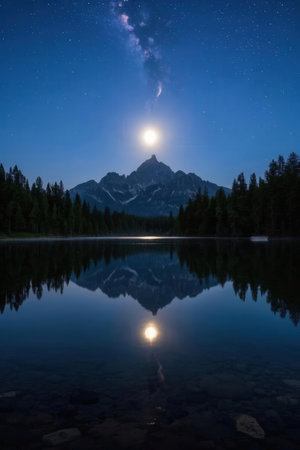 Mountain reflection in lake with starry sky and milky wayの素材