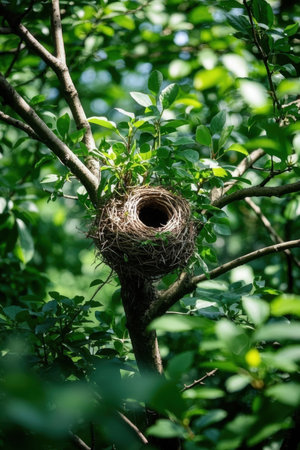 Bird's nest on a tree branch with green leaves. Spring nature.の素材