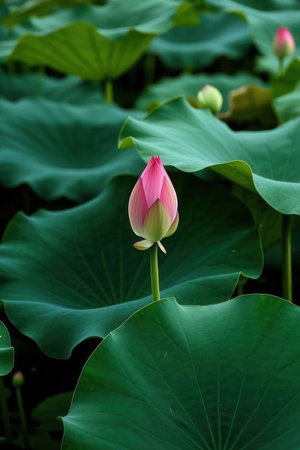 Lotus flower blooming in the pond with green leaves background.の素材