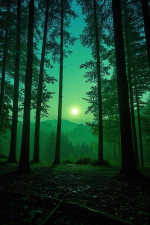 Trees in the forest at night with fog and sun in the backgroundの素材