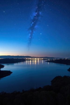 Milky way over the river at night. Starry sky with stars.の素材