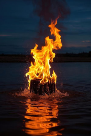 Burning fire in the lake at night, close-up.の素材