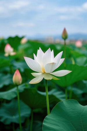 White lotus flower blooming on the pond in the morning.の素材