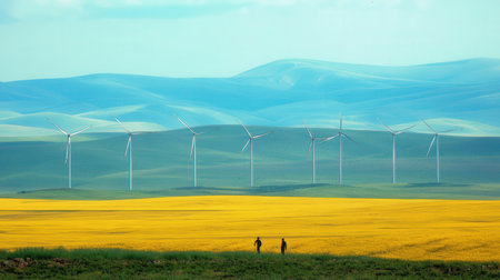 Wind turbines in a field of yellow flowers. Windmills for electric power production.の素材