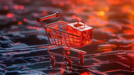 Shopping cart with red gift box on circuit board background, online shopping conceptの素材