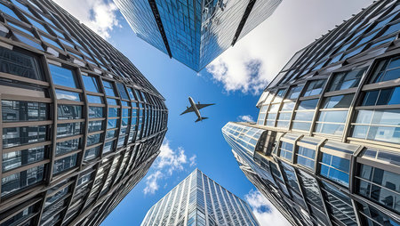 Bottom view of modern skyscrapers and airplane flying in blue skyの素材
