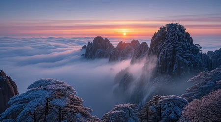 Winter landscape with snow covered trees at sunrise in Huangshan National Park, Chinaの素材