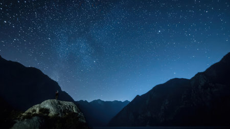 Man standing on top of the mountain and looking at the milky wayの素材