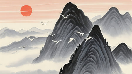 Landscape with mountains, sun and flying seagulls.の素材