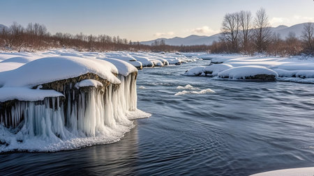 Frozen waterfall on the river in winter. Beautiful winter landscape.の素材