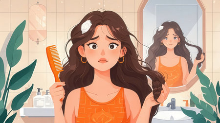 Young woman combing her hair in the bathroom. Vector illustration.の素材