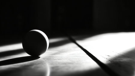 White egg on a wooden floor in a dark room. Black and white photo.の素材