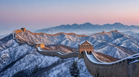 The Great Wall of China at sunrise in winter,panoramic viewの素材
