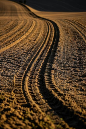 Tractor tracks on a field in the evening. Agricultural landscape.の素材