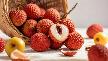 Fresh lychees in a basket on a white tablecloth.の素材