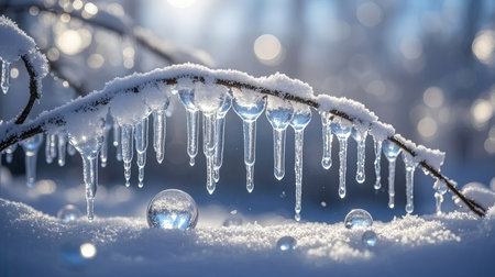 Icicles hanging from a tree branch in the snow. Winter backgroundの素材