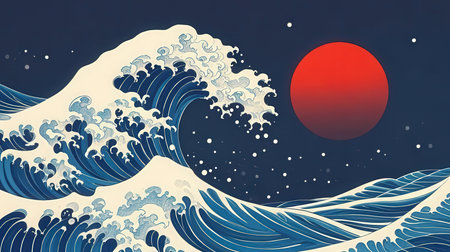 Sea wave and sun. Vector illustration in retro style. Eps 10の素材