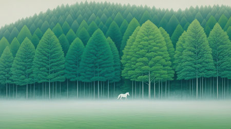 Illustration of a horse in a misty coniferous forestの素材