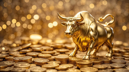 gold bull and coins on bokeh background, financial concept.の素材
