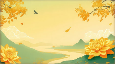 Summer landscape with yellow lotus flowers and mountains. Vector illustration.の素材
