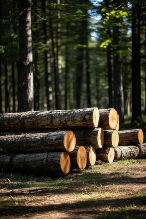 Woodpile of cut tree trunks in the forest, selective focusの素材