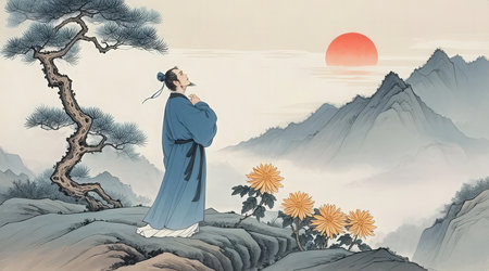Illustration of a Japanese woman in a kimono on a hillsideの素材