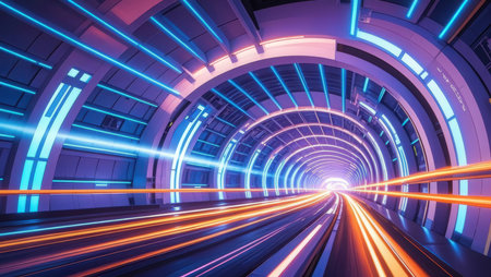 Futuristic tunnel with light trails on the road. 3d renderingの素材