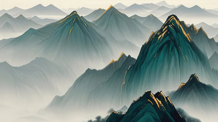 3D illustration of a fantasy landscape with mountains and fog in the backgroundの素材