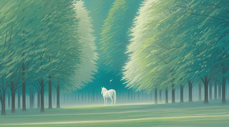Illustration of a white horse in a forest with trees in the backgroundの素材