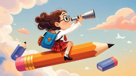 Cute schoolgirl sitting on big pencil and looking through spyglass. Vector illustrationの素材