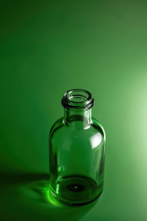 Empty glass bottle on a green background. Close-up image.の素材
