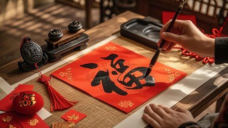 Chinese New Year Decoration on the table with Chinese calligraphyの素材