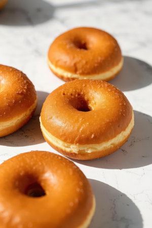 Close up of donuts on a white marble table with hard shadowの素材