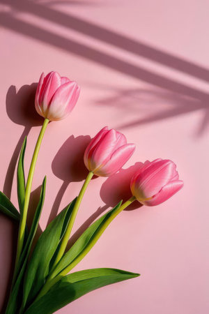 Bouquet of pink tulips on a pink background. Flat lay, top view.の素材