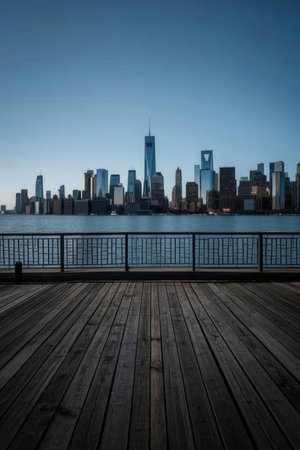 New York City Manhattan midtown skyline panorama at dusk with wooden deckの素材